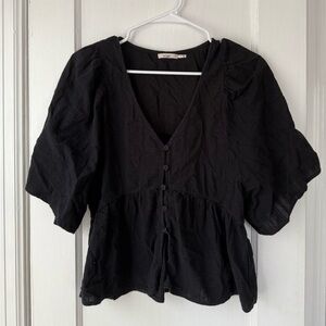 Black V-Neck Button-Up Blouse